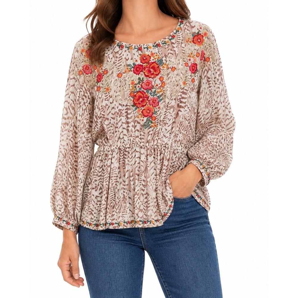 Savanna Jane Sz L Cream Brown Animal‎ Print Floral Embroidered Top Boho Peasant